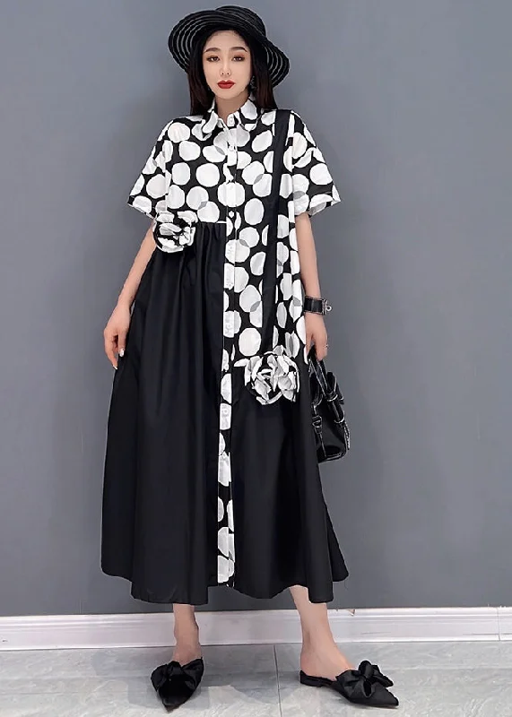 Women's Casual Garments Alluring Design Black Oversized Cotton Shirt Dress Patchwork Wrinkled Dot Print Short Sleeve