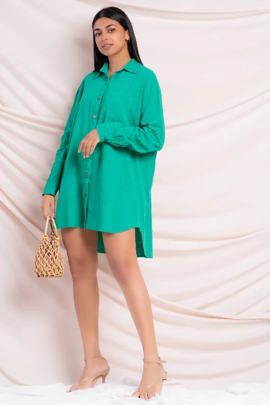 Women's Charming Outfit For Events Vibrant Prints Green Oversized Shirt Dress