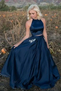 Women's Wardrobe Apparel Final Clearance Elegant A Line Satin Dark Navy Two Pieces Long Prom Dresses With Pockets  cg7158