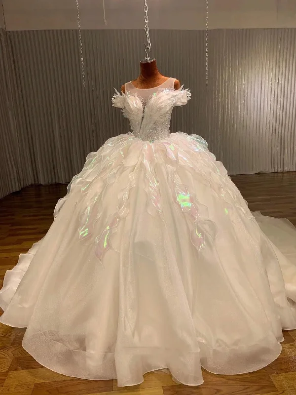 Comfortable Women's Clothes Bold Patterns Illusion Feather Organza Wedding Dresses, Shemmering Tulle Wedding Gown, Newest Claire Design Wedding Dresses