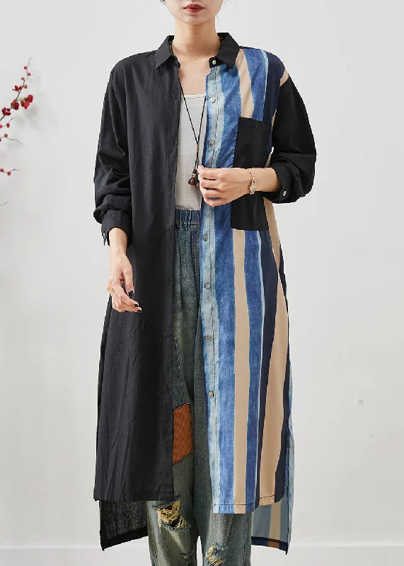 Women's Clothing For Holiday Travel Limited Quantities Fine Black Asymmetrical Striped Linen Shirt Dress Summer