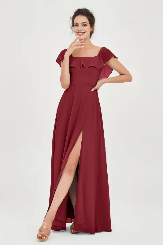 Affordable Luxury Women's Garments Feminine Soft - Hued Styles AABEI DRESS Bridesmaid Dresses Chiffon A-Line Square Neckline Flutter Sleeves Ruffle Side Fork Elegant Simple Wedding Guests Dresse