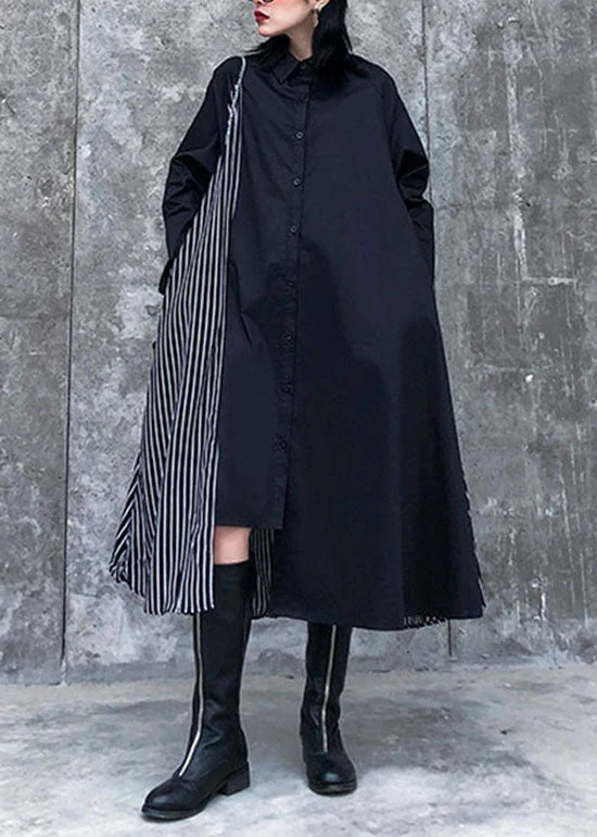 Women's Vintage-Inspired Clothing Soft Textures Plus size Black Asymmetrical Striped Patchwork shirt Dresses Spring