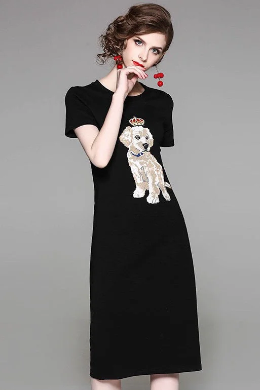 Women's Vintage-Inspired Outfit Great Deals on Ethnic Cultural Wear Dog Embroidered T-Shirt Dress