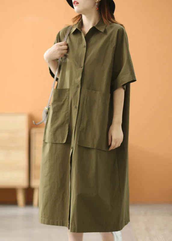 Women's Garments Modern Romance Modern Green Peter Pan Collar Oversized Big Pockets Cotton Loose Shirt Dress Short Sleeve