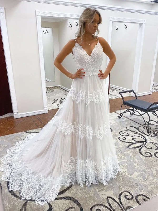 Women's Stylish Outdoor Outfit Limited - Edition Drops Spaghetti Long A-line Ivory Lace Tulle Wedding Dresses, Popular Wedding Dresses, Bridal Gown