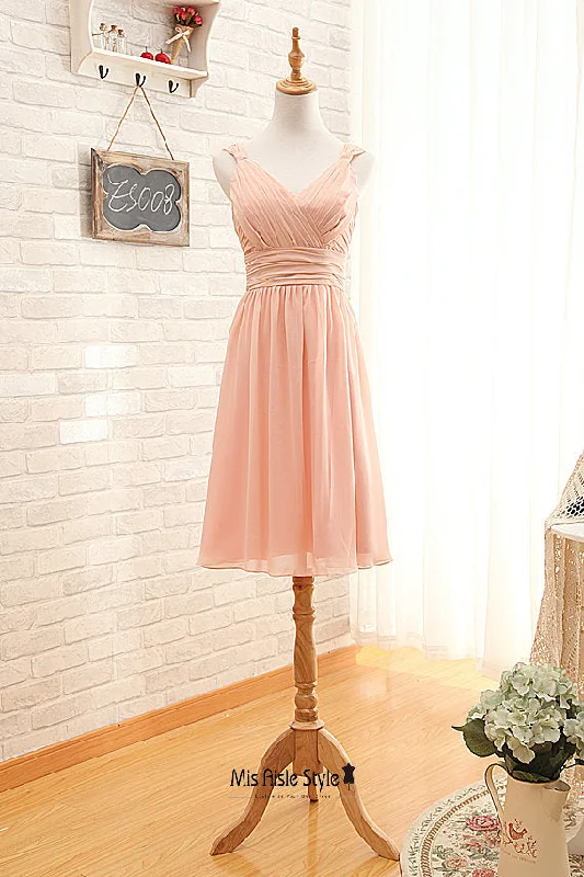 Women's High-Fashion Garments Feminine Elegance Knee Length V-neck Blush Bridesmaid Dress