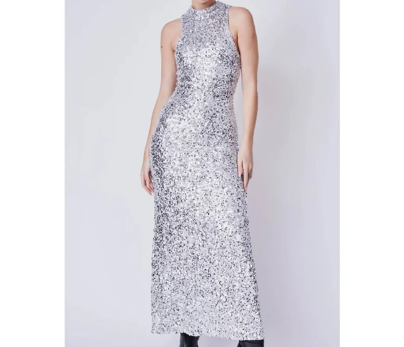 Women's Occasion Wear Apparel Art Deco Geometric Pattern Look Nucci Sequin Gown In Silver