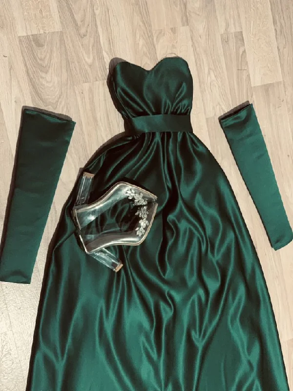 Women's Formal Event Clothing Coastal Beach - Inspired Style Elegant A Line Sweetheart Dark Green Satin Long Prom Dress Evening Dresses With Sleeves C3395